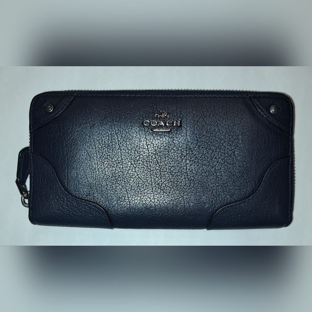 Coach Leather Zip Around Accordian Wallet - Navy Blue